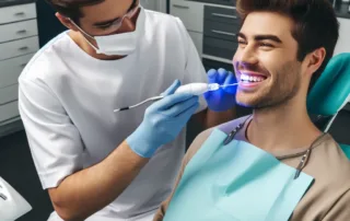 Dentist applying professional whitening gel in a clinic.