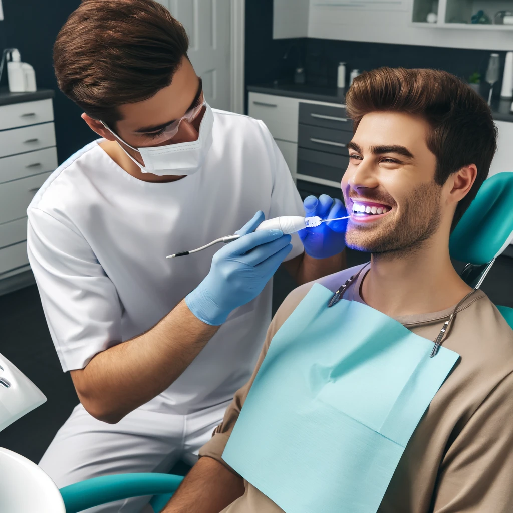Dentist applying professional whitening gel in a clinic.