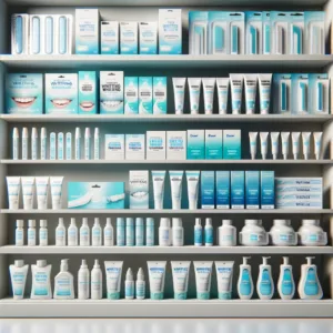 Array of over-the-counter teeth whitening products.